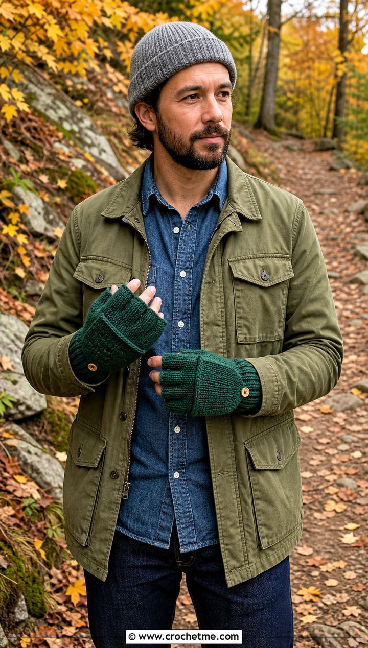 Convertible Crochet Mittens With Field Jacket - 25 men's crochet gloves outfit ideas