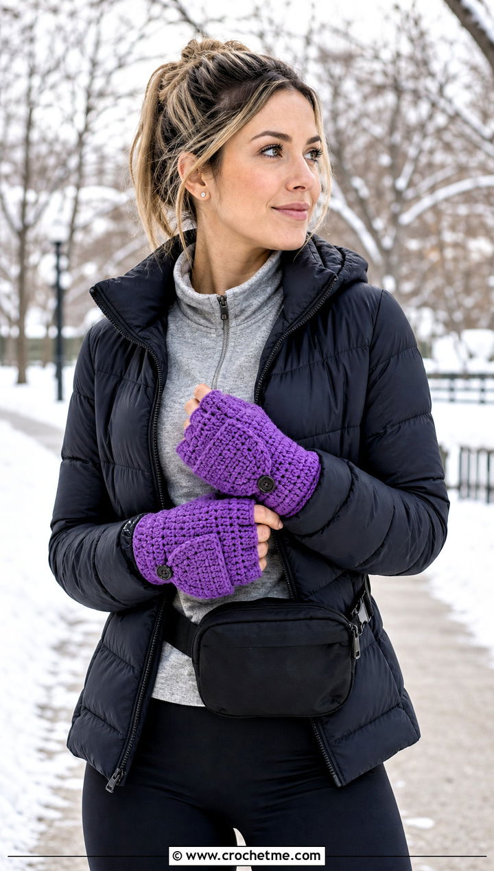 Convertible Crochet Mittens With Puffer Jacket and Leggings - 25 Simple Crochet Mittens outfit ideas
