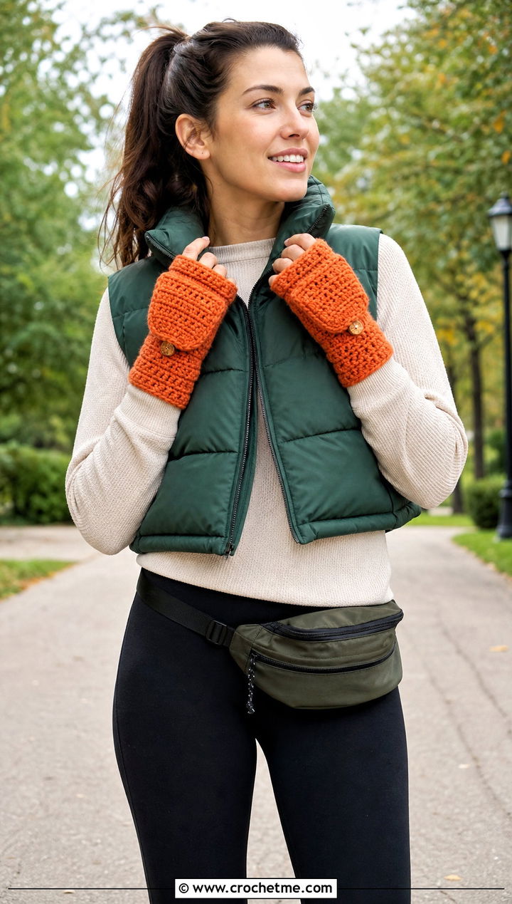 Convertible Crochet Mittens With Puffer Vest - 30 crochet hand mittens outfit ideas