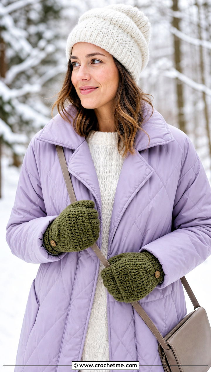 Convertible Crochet Mittens With Quilted Coat - 30 aesthetic crochet gloves outfit ideas