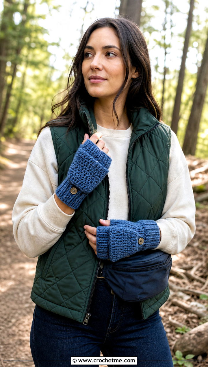Convertible Crochet Mittens With Quilted Vest - 25 crocheted gloves outfit ideas