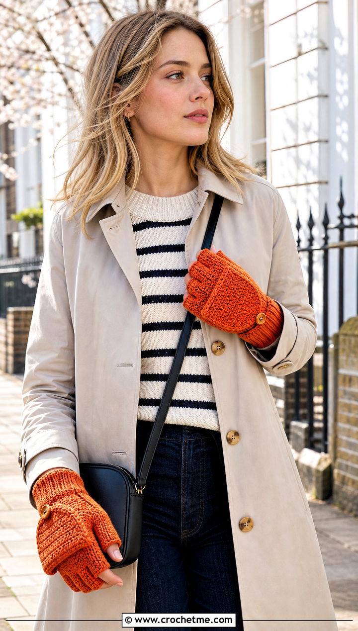 Convertible Crochet Mittens With Trench Coat - 25 women crochet mittens outfit ideas