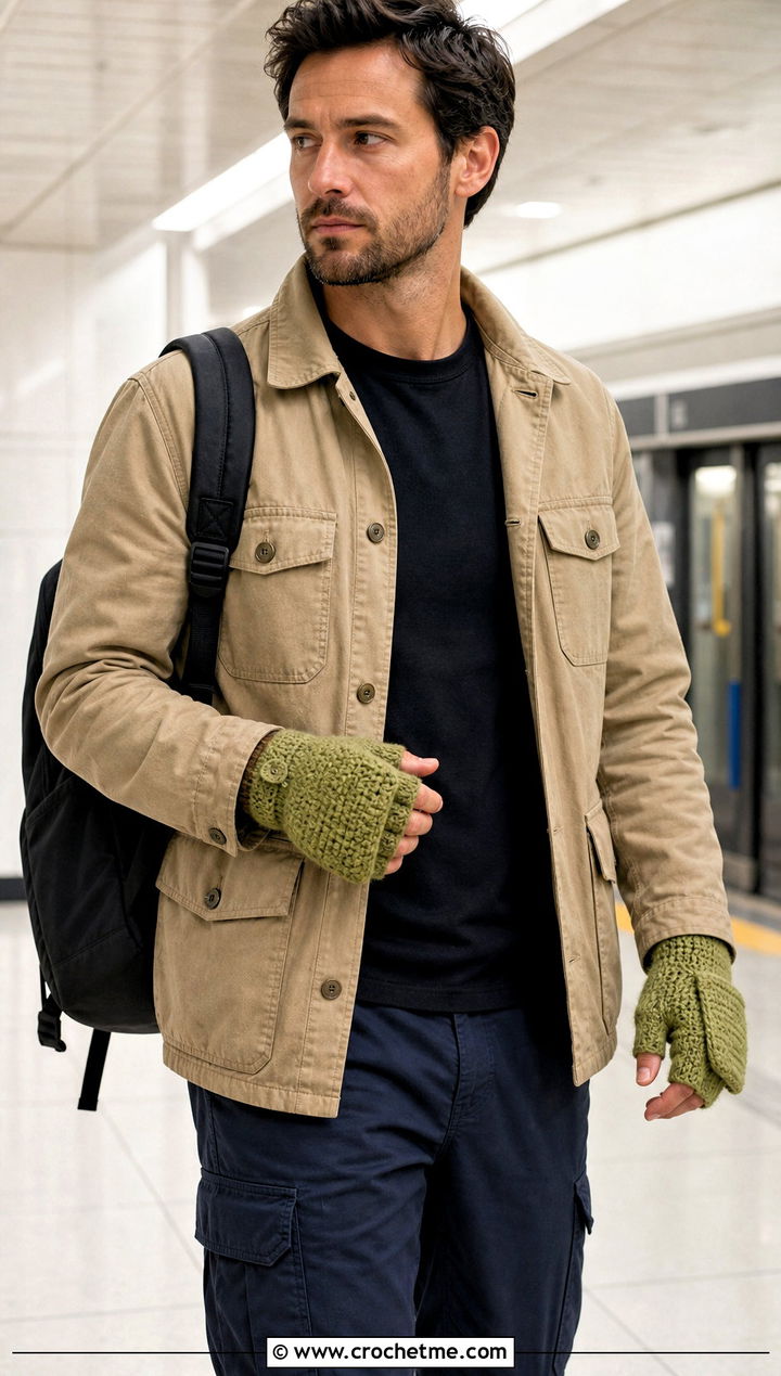 Convertible Crochet Mittens With Utility Jacket - 25 crochet mittens for men outfit ideas