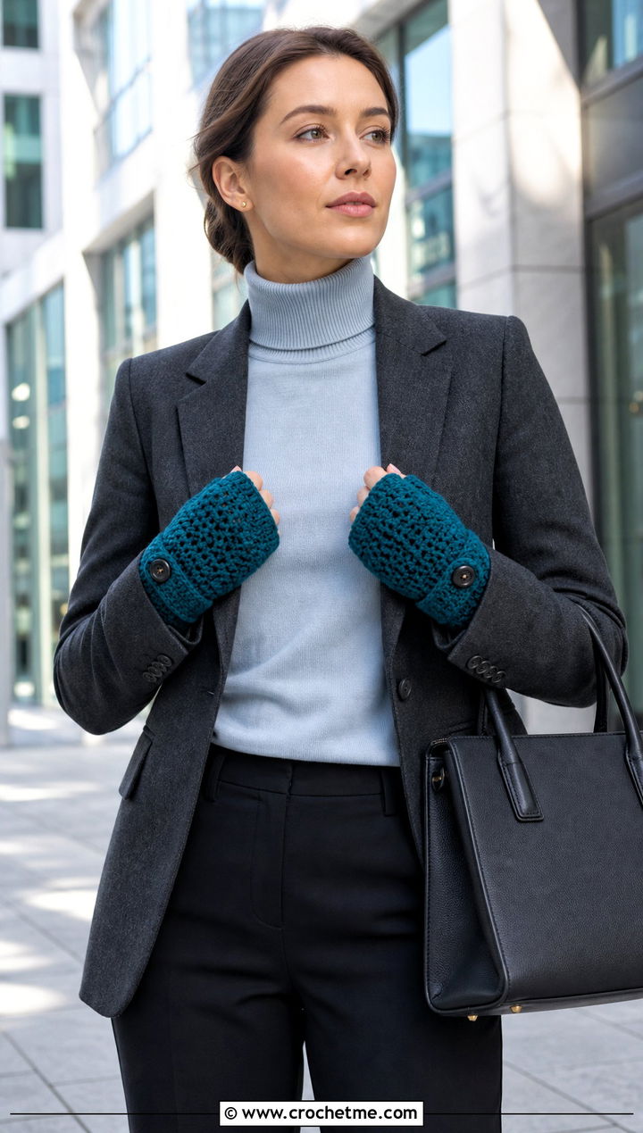 Convertible Crochet Mittens With Wool Blazer - 25 quick crochet mittens outfit ideas