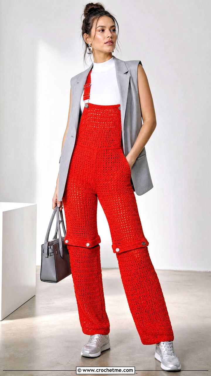 Convertible Crochet Overalls With Blazer Vest - 35 crochet overalls outfit ideas