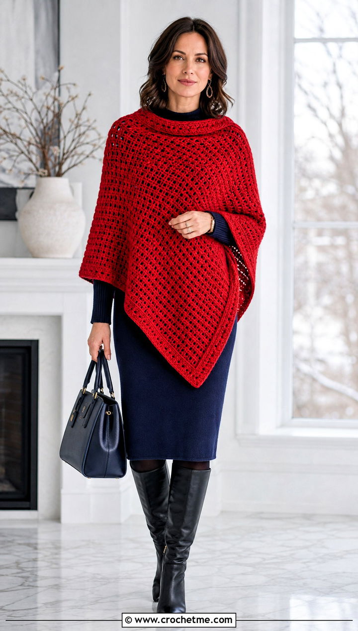 Convertible Crochet Poncho With Sweater Dress - 30 woman winter crochet poncho outfit ideas