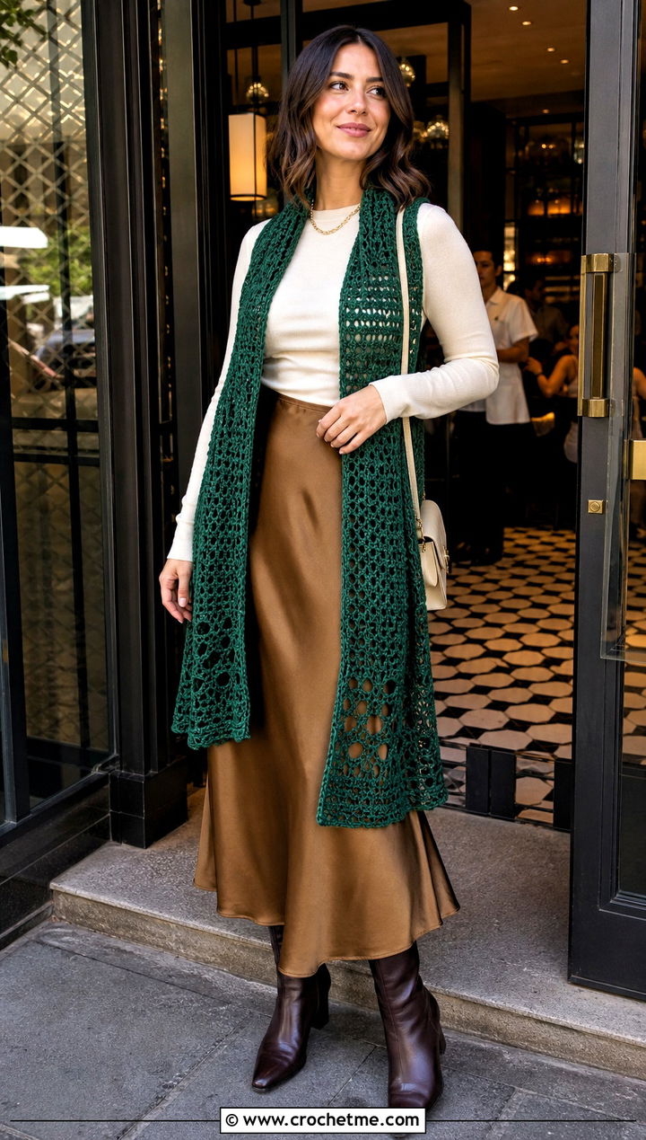 Convertible Crochet Scarf Cardigan With Slip Skirt - 35 crochet wrap with sleeves outfit ideas
