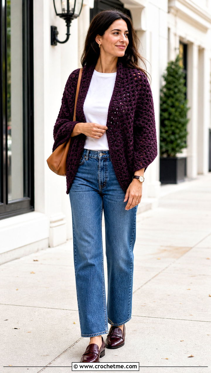 Convertible Crochet Shrug Wrap With Straight Leg Jeans - 25 crochet shrug wrap outfit ideas
