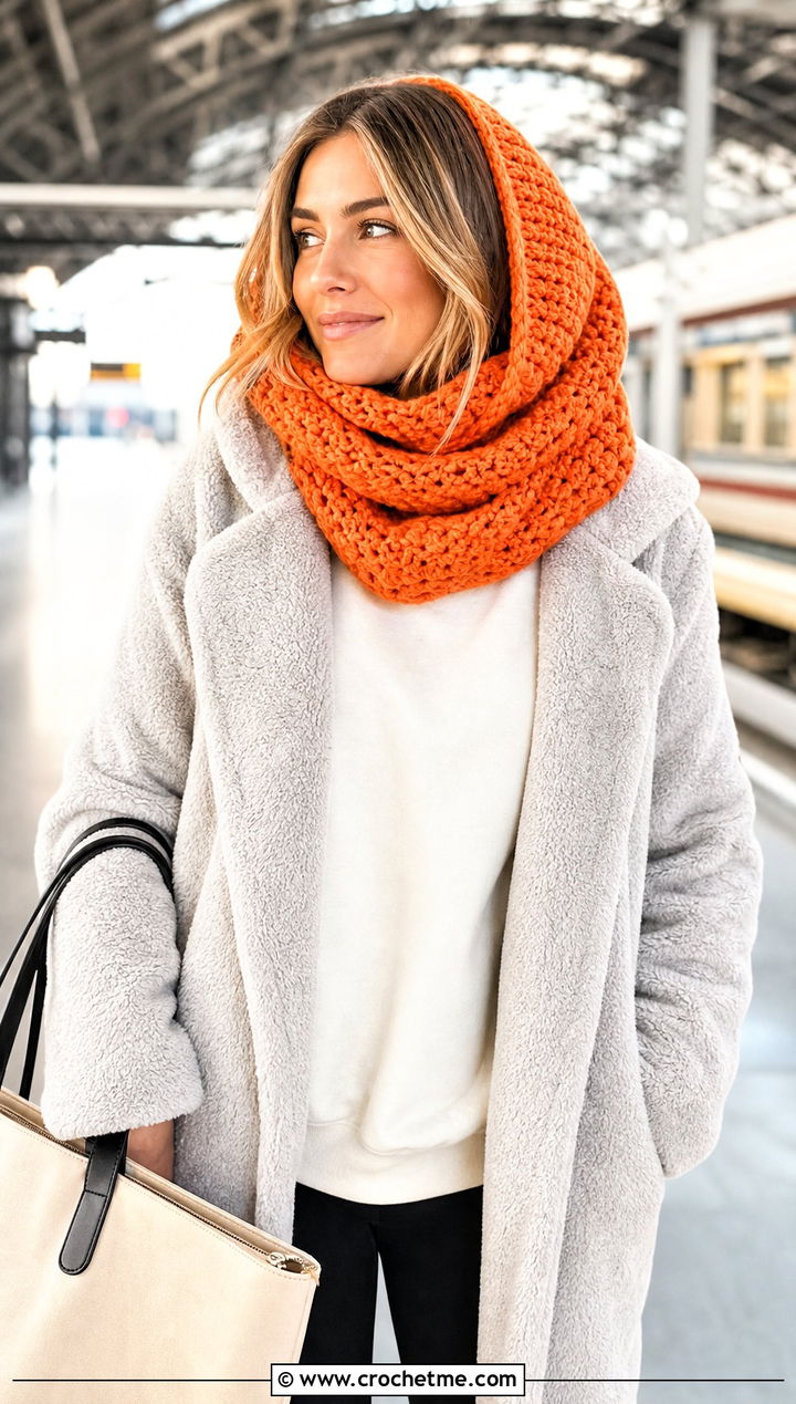 Convertible Crochet Snood Cowl With Teddy Coat And Leggings - 35 crochet neck warmer cowls outfit ideas