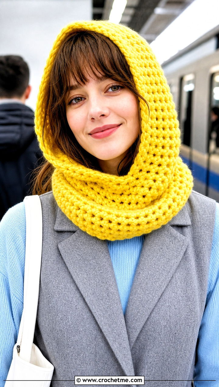 Convertible Crochet Snood Hood With Monochrome Outfit - 25 crochet hood hat outfit ideas