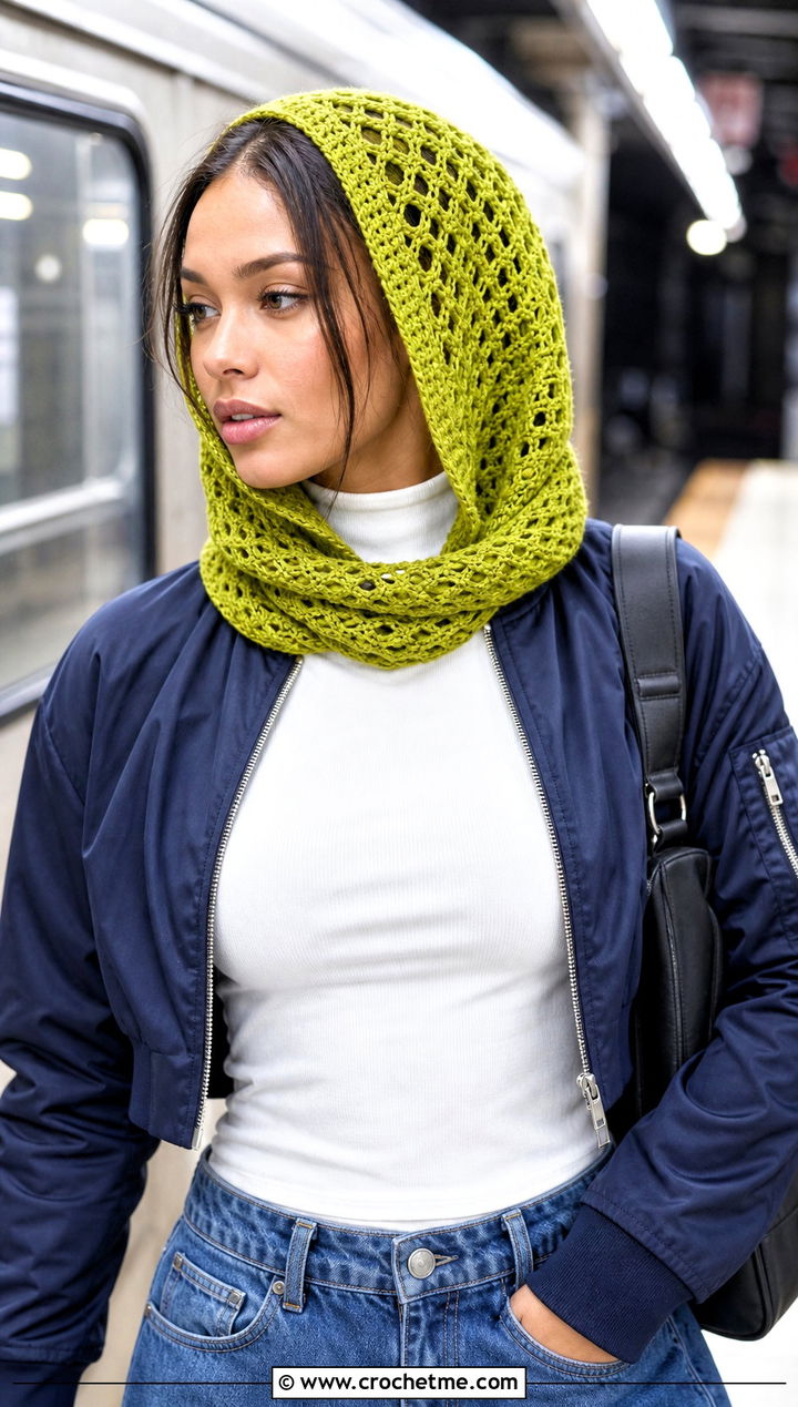 Convertible Crochet Snood Scarf With Bomber Jacket - 25 Multifunctional Crochet Scarf outfit ideas