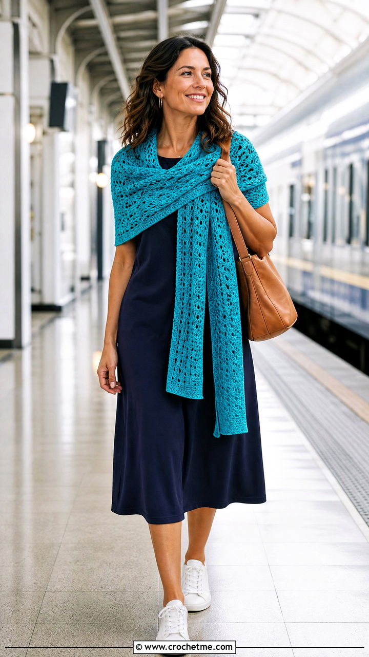 Convertible Crochet Sweater Scarf With Midi Dress - 35 crochet sweater scarf outfit ideas