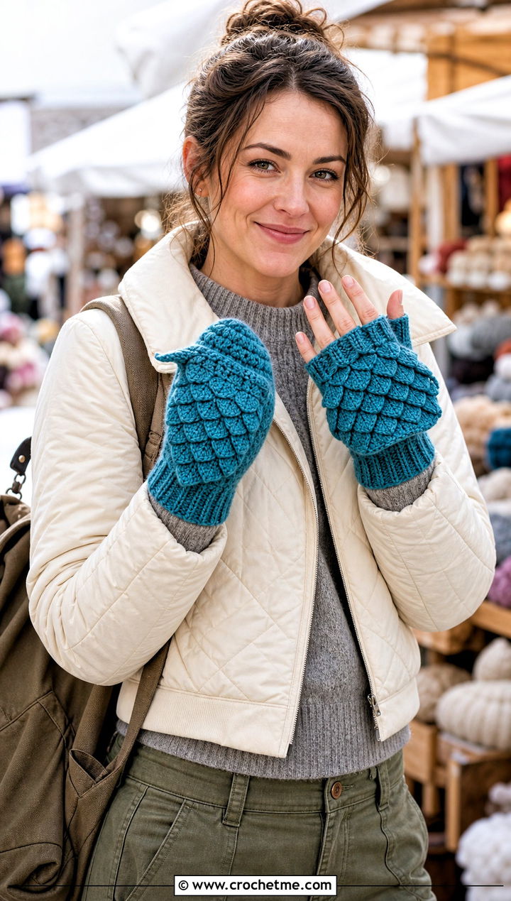 Convertible Dragon Scale Mittens With Quilted Jacket - 30 dragon scale crochet gloves outfit ideas