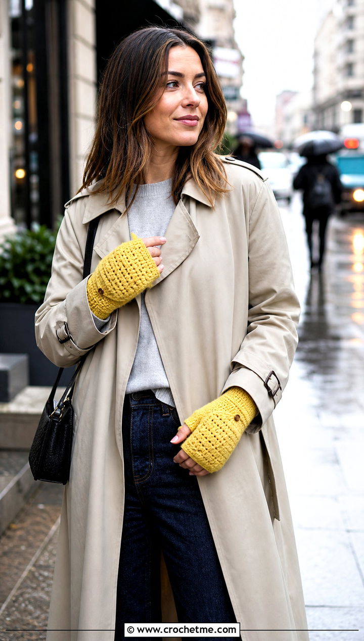 Convertible Flap Crochet Mittens With Trench Coat And Wide Leg Jeans - 25 Easy Crocheted Mittens outfit ideas