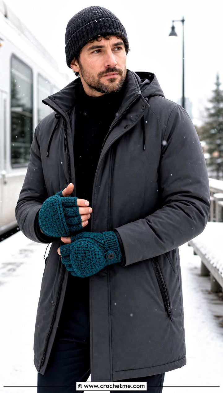 Convertible Flip Top Crochet Gloves With Winter Parka - 25 men's crochet gloves outfit ideas