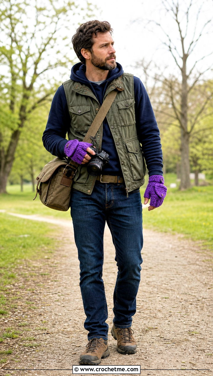 Convertible Flip Top Crochet Mittens With Utility Vest - 35 men crochet gloves outfit ideas