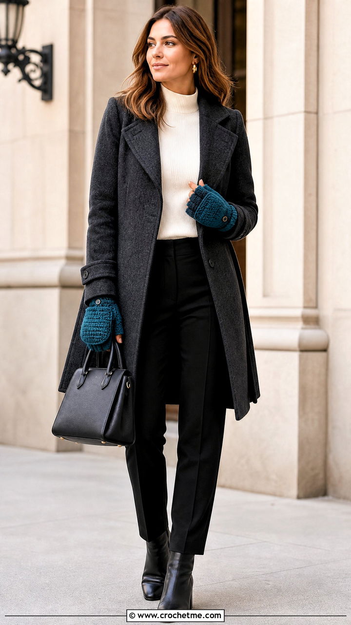 Convertible Flip Top Crochet Mittens With Wool Coat - 35 crochet mittens outfit ideas