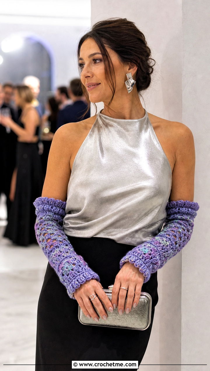 Convertible Granny Square Arm Warmers With Evening Top And Tailored Maxi Skirt - 25 Granny Square Arm Warmers outfit ideas