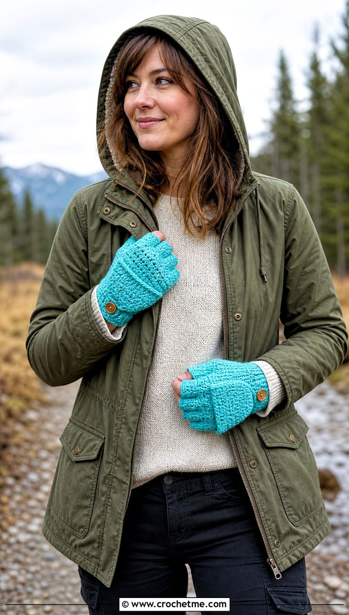 Convertible Half Finger Gloves With Parka - 30 crochet half finger gloves outfit ideas