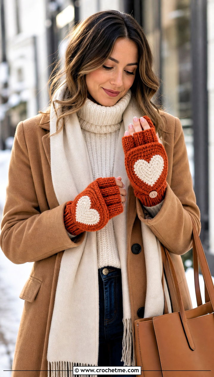 Convertible Heart Crochet Mittens With Wool Coat - 15 Heart Crochet Gloves outfit ideas