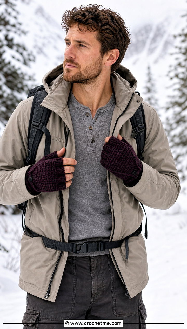 Convertible Hooded Fingerless Gloves With Parka - 25 Crochet Mens Fingerless Gloves outfit ideas
