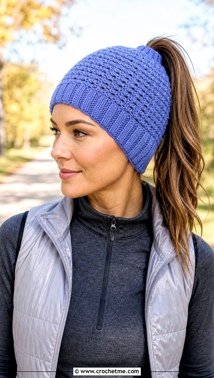 Convertible Knit Look Crochet Ponytail Hat With Running Set - 25 Knit Look Crochet Hat outfit ideas