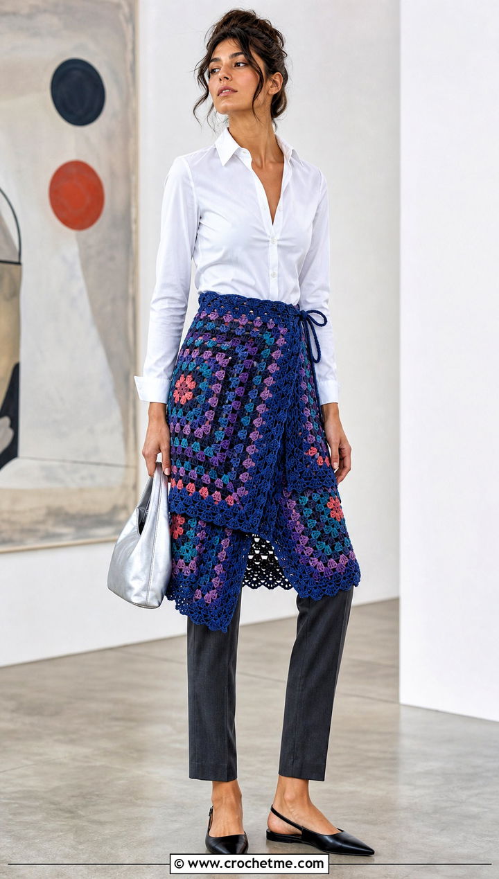 Convertible Layered Crochet Skirt Over Trousers With Shirt And Flats - 35 Layered Crochet Skirt outfit ideas