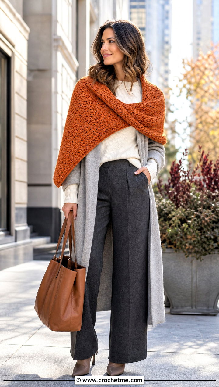 Convertible Moss Stitch Wrap Scarf With Coatigan And Wide Leg Pants - 35 crochet moss stitch scarf outfit ideas
