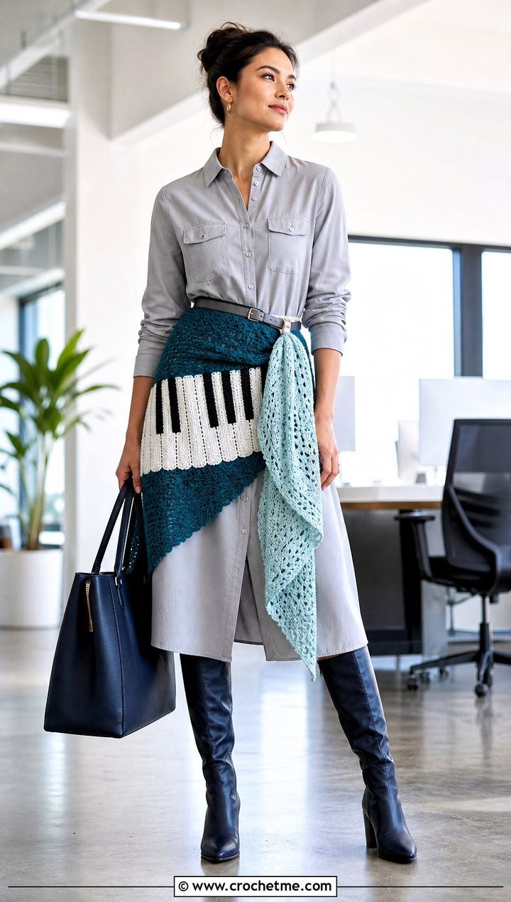 Convertible Piano Wrap Scarf With Shirt Dress - 35 crochet piano scarf outfit ideas