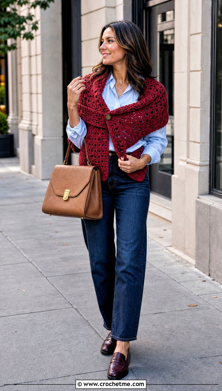 Convertible Scarf Crochet Wrap Shrug With Button Down Shirt - 35 Crochet Wrap Shrug outfit ideas