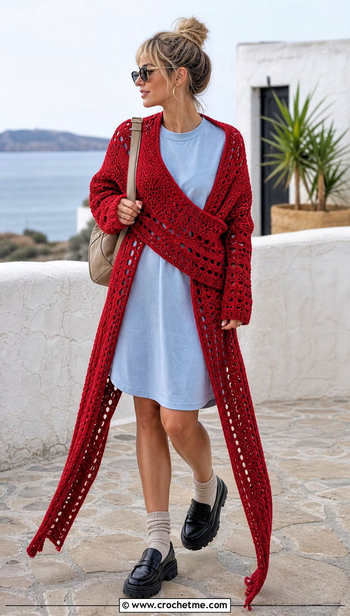 Convertible Scarf Crochet Wrap Sweater With T Shirt Dress - 35 crochet wrap sweater outfit ideas