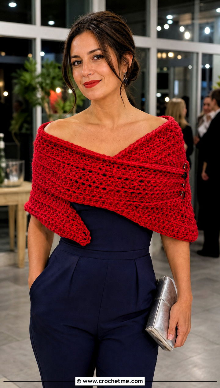 Convertible Shoulder Crochet Chunky Cowl With Jumpsuit - 30 crochet chunky cowl outfit ideas