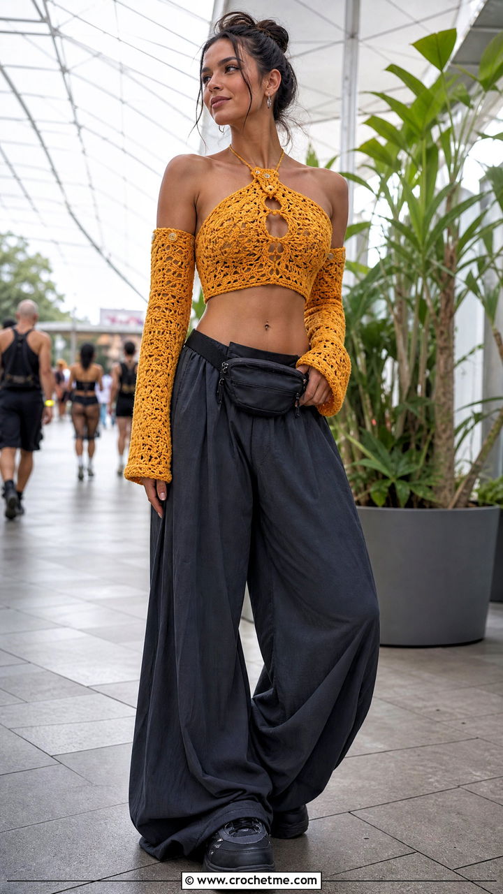 Convertible Sleeve Crochet Rave Top With Puddle Pants - 35 crochet rave top outfit ideas