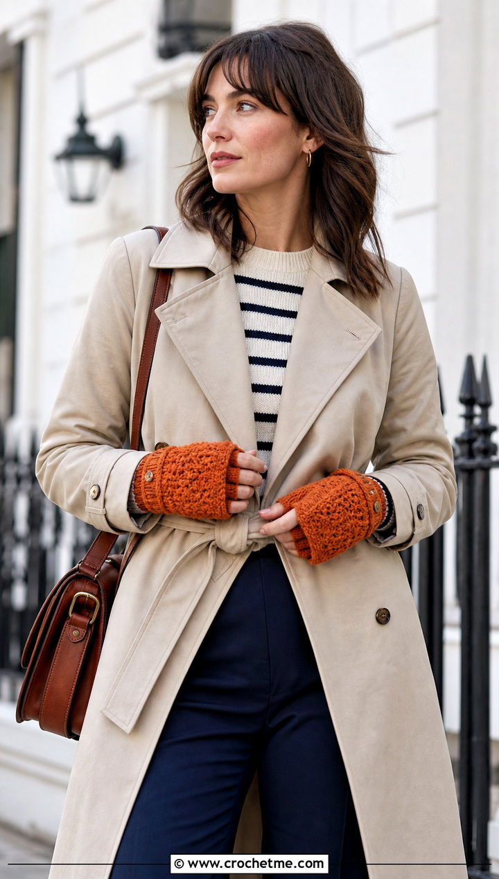 Convertible Velvet Crochet Mittens With Trench Coat - 20 velvet crochet mittens outfit ideas
