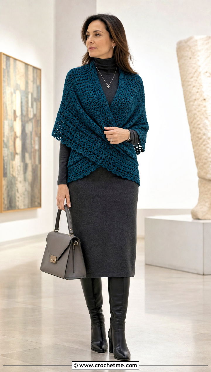 Convertible Wrap Crochet Shrug With Turtleneck Dress - 25 Crochet Shrug Cardigan outfit ideas