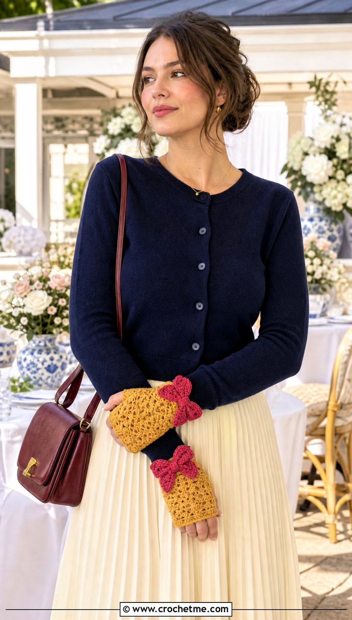 Coquette Bow DK Yarn Crochet Fingerless Gloves With Pleated Skirt - 25 dk yarn crochet fingerless gloves outfit ideas