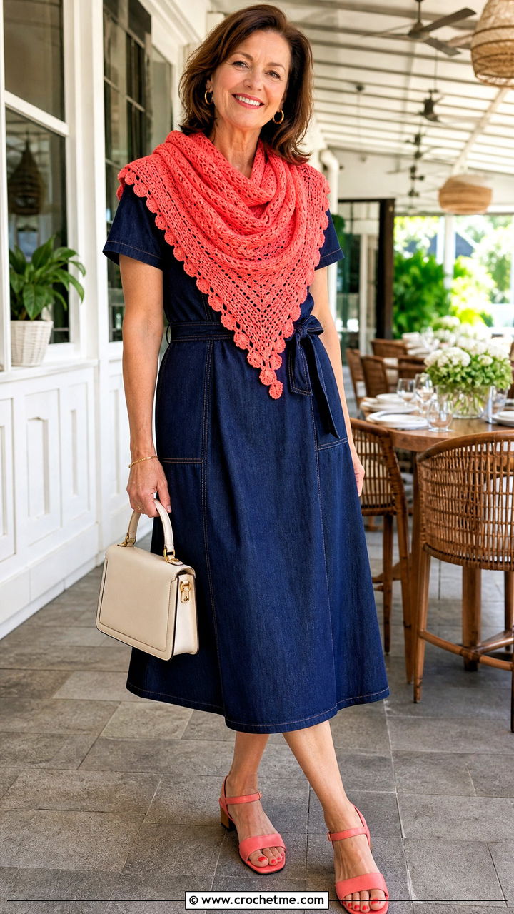Coral Crochet Triangle Scarf With Denim Dress - 35 crochet birthday outfit ideas