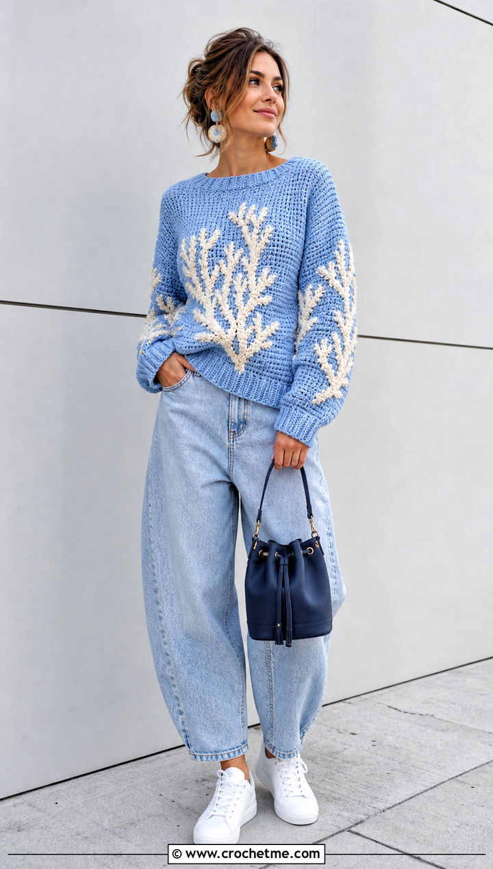 Coral Fungus Mushroom Crochet Sweater With Barrel Jeans - 25 mushroom crochet sweater outfit ideas