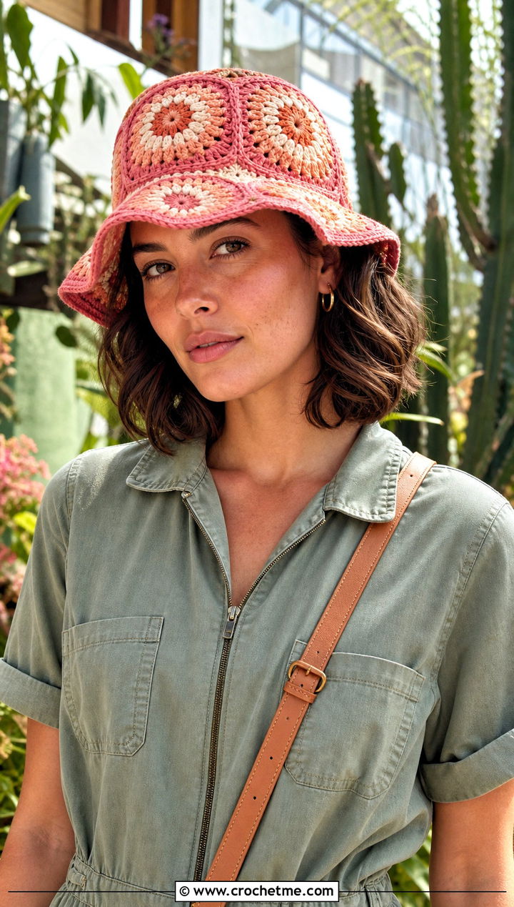 Coral Pink Sunburst Bucket Hat With Utility Jumpsuit - 15 pink crochet bucket hat outfit ideas