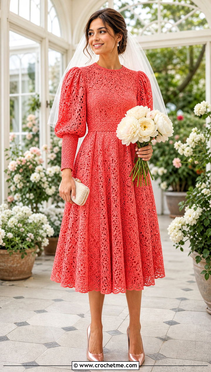 Coral Puff Sleeve Crochet Wedding Dress With Rose Gold Pumps - 15 long sleeve crochet wedding dress outfit ideas