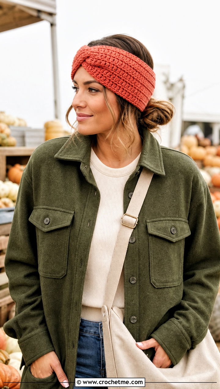 Coral Ravencraft Crochet Earwarmer With Olive Shacket And Cargo Pants - 15 ravencraft crochet earwarmer outfit ideas