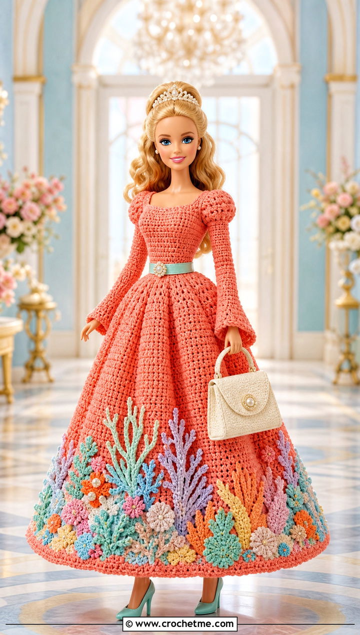 Coral Reef Princess Sleeve Crochet Barbie Ball Gown - 30 crochet barbie ball gowns outfit ideas