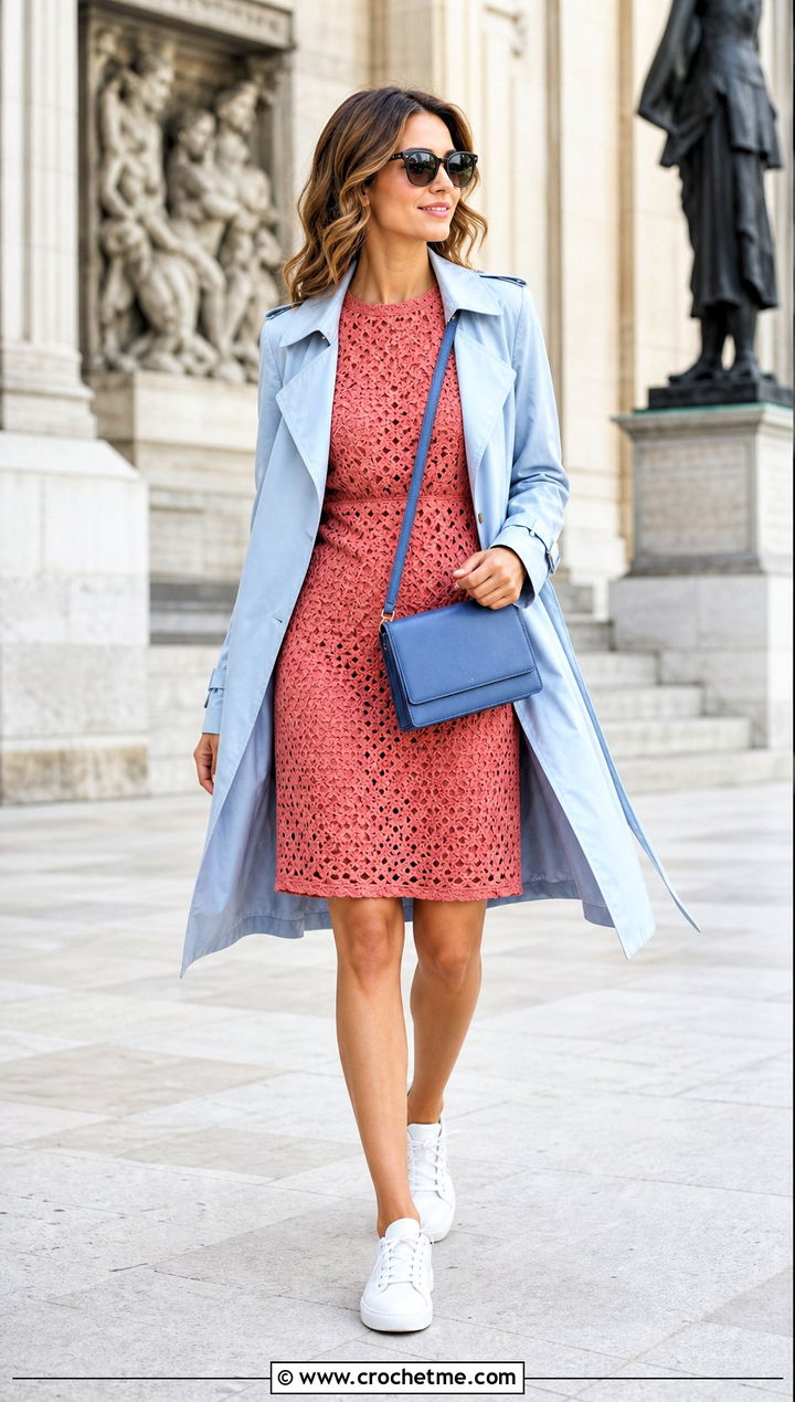 Coral Rose Crochet Shift Dress With Trench Coat - 35 pink crochet outfit ideas
