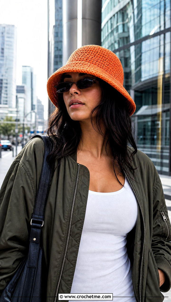 Corded Crochet Bucket Hat With Bomber Jacket And Parachute Pants - 30 easy crochet bucket hat outfit ideas