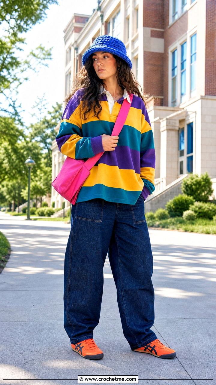 Corded Crochet Bucket Hat With Rugby Shirt - 35 crochet bucket hat outfit ideas