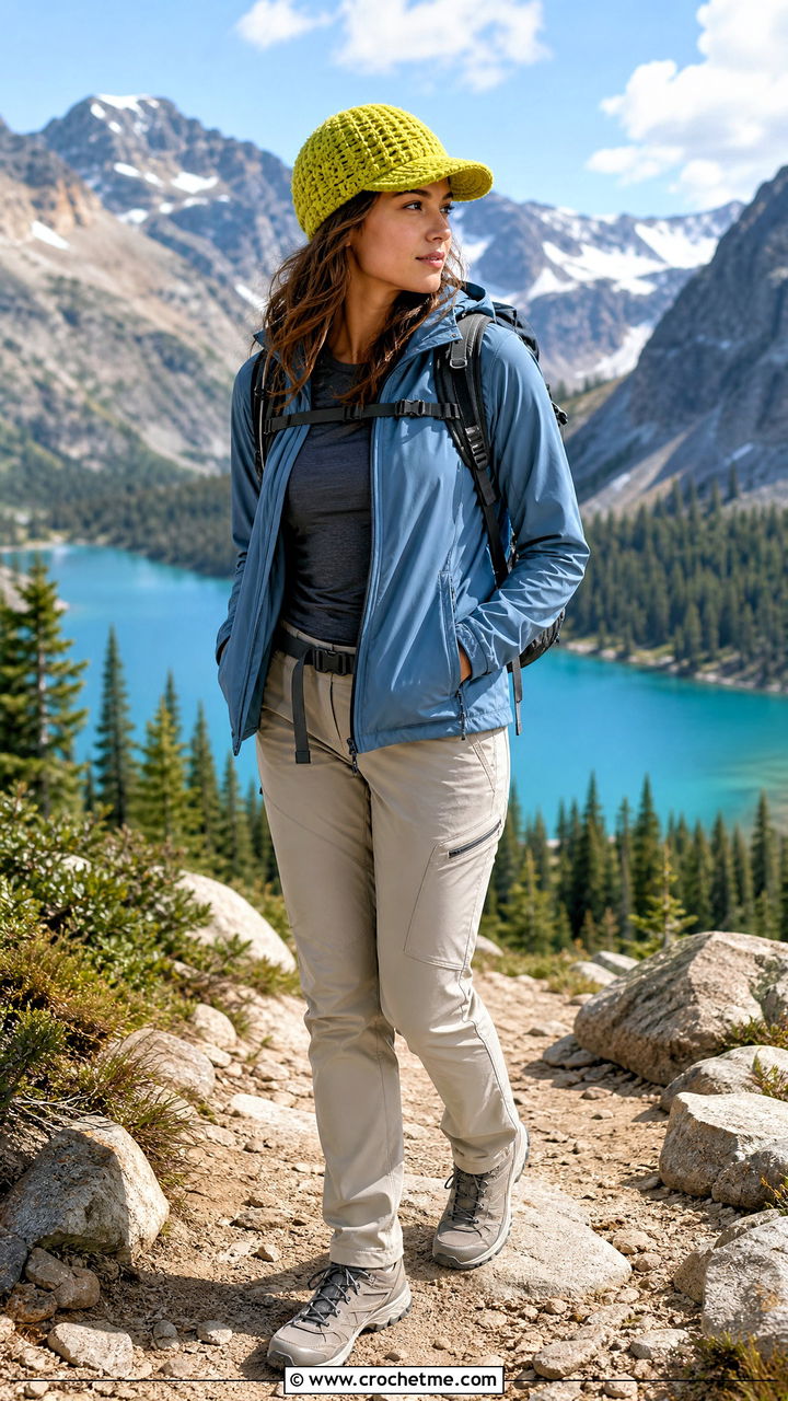 Corded Crochet Cap With Windbreaker And Hiking Pants - 35 crochet caps outfit ideas