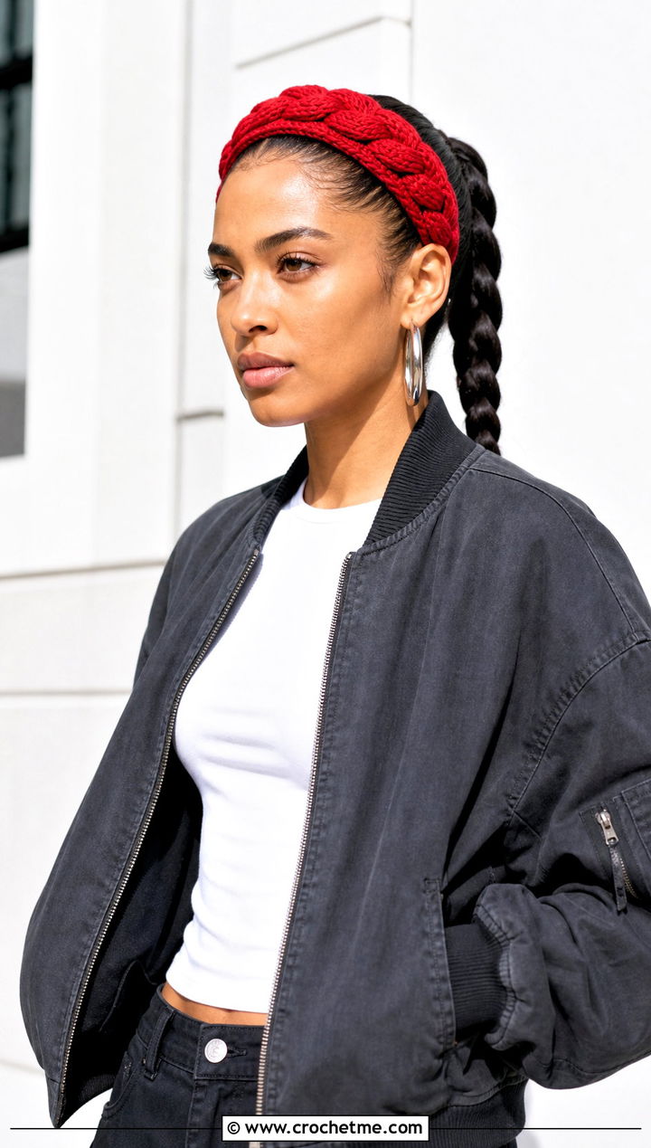 Corded Crochet Headband With Bomber Jacket - 30 boho crochet headband outfit ideas
