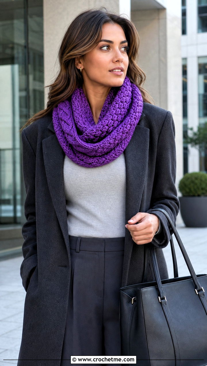 Corded Shell Infinity Crochet Scarf With Blazer - 20 Shell Crochet Scarf outfit ideas