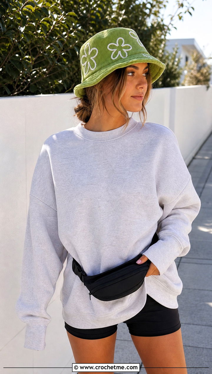 Corded Tulip Bucket Hat With Sweatshirt And Bike Shorts - 30 crochet tulip hat outfit ideas