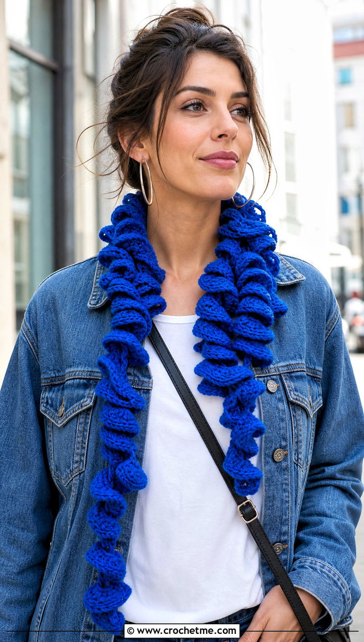 Corkscrew Spiral Crochet Scarf With Denim Jacket - 15 easy spiral crochet scarf outfit ideas